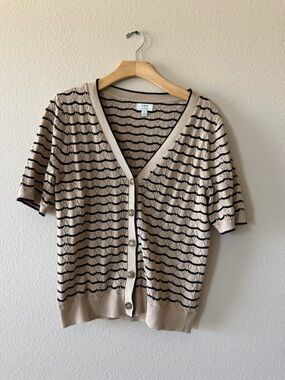 J. Crew Beige Cardigan with Black Scallop Stripes